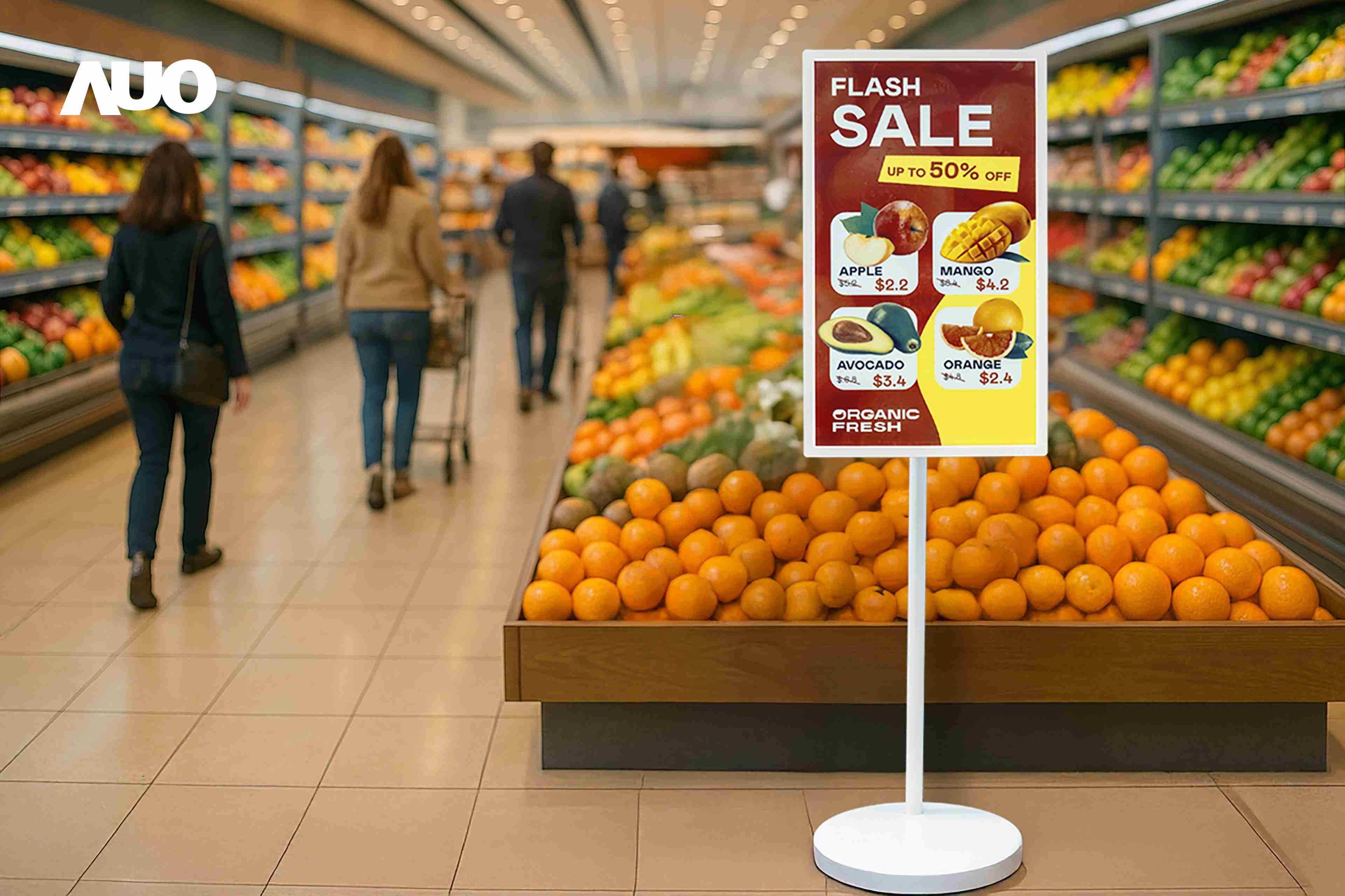 达擎首亮相低功耗、、、全彩的〝aecoPost电子纸解决方案〞，，，，仅在更新画面时需要微量的电力驱动，，，，无需布建电线的便捷设计，，，使其可灵活应用、、、随意置放，，，，并可透过云端或行动装置app，，轻松管理及排程广告内容，，，晋升店头营销利器。。